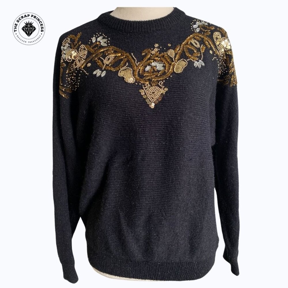 Vintage 1980s Alfred Dunner Black Beaded Jewel Sweater – Petite M